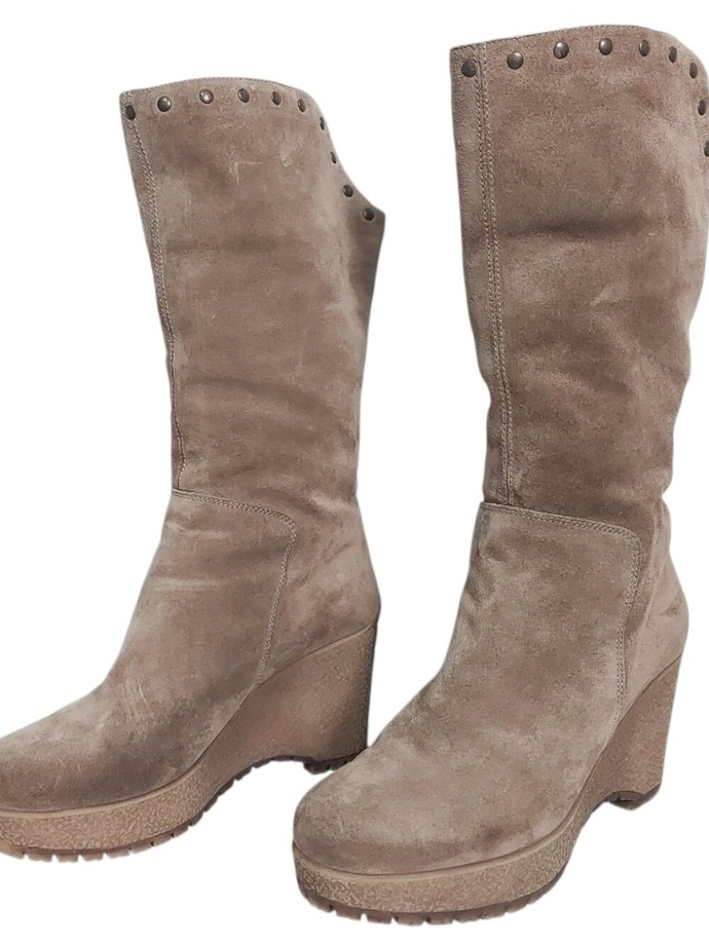 Gino Rozzi Women Suede Studded Wedge Heel Mid-Calf Boots Size 6.5 Edgy Slouchy